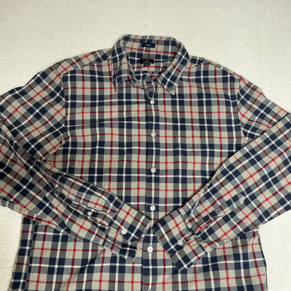 J. Crew Mens Slim Flex Washed Plaid Button Down‎ Shirt Size Large